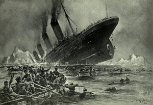 Painting of Titanic sinking.